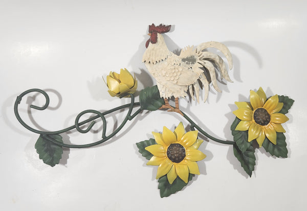 White Rooster Chicken on Yellow Sunflower Vines 11 1/4" x 17 1/2" Metal Wall Art