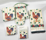 Select Edition Rooster Chicken Themed Oven Mitt and Four Towels 5pc Set