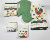 Select Edition Rooster Chicken Themed Oven Mitt and Four Towels 5pc Set