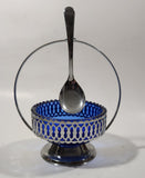 Vintage Sheffield England Cobalt Blue Glass Condiment Serving Dish in Chromium Plated Basket Holder with Spoon