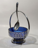 Vintage Sheffield England Cobalt Blue Glass Condiment Serving Dish in Chromium Plated Basket Holder with Spoon