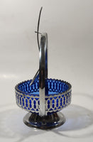 Vintage Sheffield England Cobalt Blue Glass Condiment Serving Dish in Chromium Plated Basket Holder with Spoon