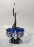 Vintage Sheffield England Cobalt Blue Glass Condiment Serving Dish in Chromium Plated Basket Holder with Spoon