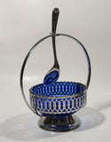 Vintage Sheffield England Cobalt Blue Glass Condiment Serving Dish in Chromium Plated Basket Holder with Spoon