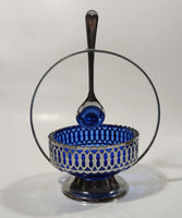 Vintage Sheffield England Cobalt Blue Glass Condiment Serving Dish in Chromium Plated Basket Holder with Spoon