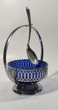 Vintage Sheffield England Cobalt Blue Glass Condiment Serving Dish in Chromium Plated Basket Holder with Spoon