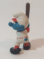 Vintage 1980 Peyo Smurf Character Baseball Player Holding Bat PVC Toy Figure