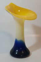 Yellow White Blue Jack In The Pulpit Lily Shaped 7 3/4" Tall Art Glass Flower Bud Vase