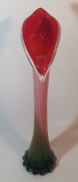 Murano Style Red White Green Calla Lily Shaped 16" Tall Art Glass Flower Bud Vase