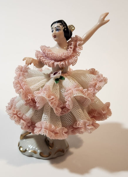 Vintage Crown 'D' Original Dresden Ballerina 3 3/4" Pink and White Lace Porcelain Dressed Figurine