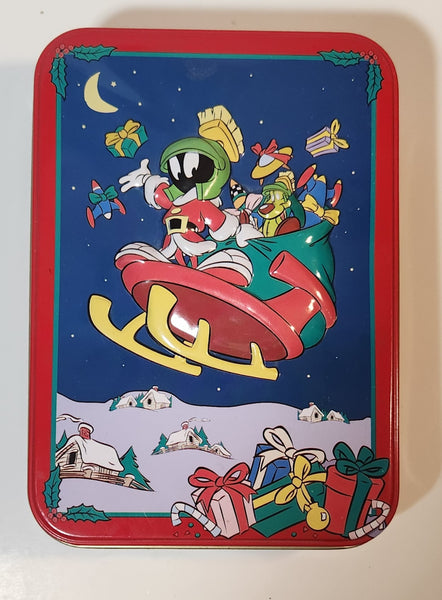 1998 Warner Bros. Looney Tunes Marvin The Martian In Space Style Christmas Sleigh Embossed Tin Metal Container