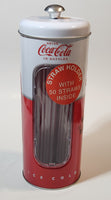 2016 Coca Cola Coke Ice Cold Embossed Tin Metal 9 1/4" Tall Straw Dispenser Holder with 50 Straws