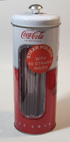 2016 Coca Cola Coke Ice Cold Embossed Tin Metal 9 1/4" Tall Straw Dispenser Holder with 50 Straws