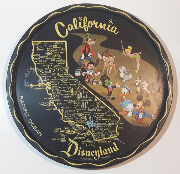 Vintage Disneyland California State Landmarks and Cartoon Characters Black 11" Diameter Round Tin Metal Serving Tray Souvenir