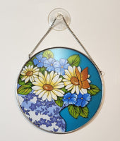 Blue and White Flower Themed 6 1/4" Stained Glass Sun Catcher Window Hanging