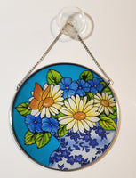 Blue and White Flower Themed 6 1/4" Stained Glass Sun Catcher Window Hanging