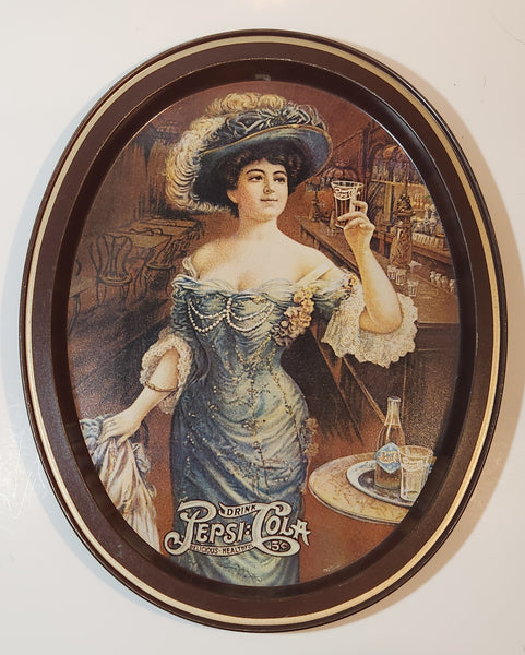 Vintage 1970s Pepsi Cola "Lady Gibson" Oval Brown Border Beverage Metal Serving Tray