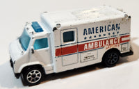 1989 Hot Wheels Workhorses American Ambulance White Die Cast Toy Car Emergency Paramedics Rescue Vehicle with Opening Rear Doors