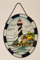 Lighthouse with Seagulls Oval Shaped 6 1/2" x 8 1/2" Painted Stained Glass Suncatcher