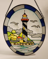 Lighthouse with Seagulls Oval Shaped 6 1/2" x 8 1/2" Painted Stained Glass Suncatcher