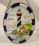 Lighthouse with Seagulls Oval Shaped 6 1/2" x 8 1/2" Painted Stained Glass Suncatcher