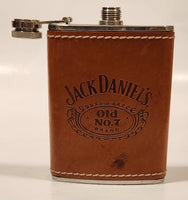 Jack Daniels Old No. 7 Brand Whiskey Brown Leather Covered Cuved 6 Oz. Stainless Steel Flask