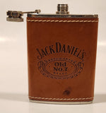 Jack Daniels Old No. 7 Brand Whiskey Brown Leather Covered Cuved 6 Oz. Stainless Steel Flask