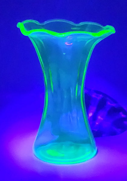 Antique Uranium Glass Ruffled 8 1/4" Tall Flower Vase