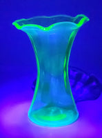 Antique Uranium Glass Ruffled 8 1/4" Tall Flower Vase