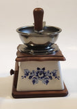 Vintage Blue Flowers White Porcelain Wood and Metal Coffee Grinder Mill