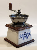 Vintage Blue Flowers White Porcelain Wood and Metal Coffee Grinder Mill