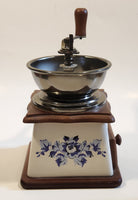 Vintage Blue Flowers White Porcelain Wood and Metal Coffee Grinder Mill