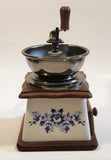 Vintage Blue Flowers White Porcelain Wood and Metal Coffee Grinder Mill