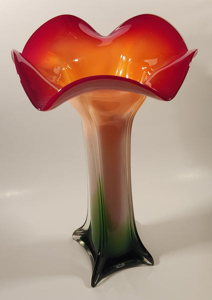 Murano Style Red White Green Jack In The Pulpit Lily Shaped 14 3/4" Tall Art Glass Flower Vase