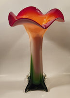 Murano Style Red White Green Jack In The Pulpit Lily Shaped 14 3/4" Tall Art Glass Flower Vase