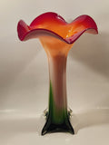 Murano Style Red White Green Jack In The Pulpit Lily Shaped 14 3/4" Tall Art Glass Flower Vase