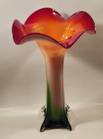 Murano Style Red White Green Jack In The Pulpit Lily Shaped 14 3/4" Tall Art Glass Flower Vase