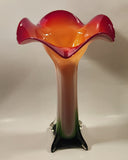 Murano Style Red White Green Jack In The Pulpit Lily Shaped 14 3/4" Tall Art Glass Flower Vase