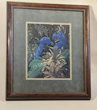 1992 Richard Sloan 'Triple Threat' Blue and Gold Hyacinth Macaws Art Painting Limited Edition Print