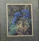 1992 Richard Sloan 'Triple Threat' Blue and Gold Hyacinth Macaws Art Painting Limited Edition Print