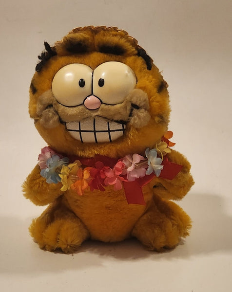 1978 1981 Dakin Paws Garfield Aloha Hawaii with Lei and Straw Hat 6 1/2" Tall Toy Plush Stuffed Character