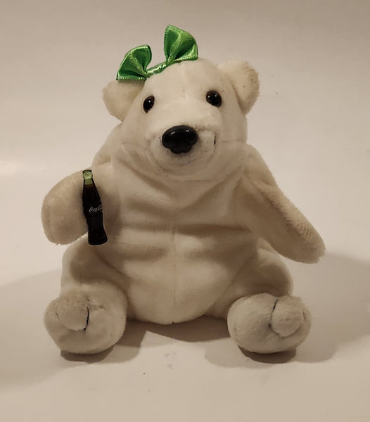 Coca Cola Polar Bear with Green Bow 6" Tall Toy Stuffed Plush Mascot No Tags