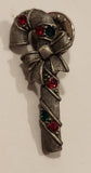 1988 JJ Christmas Candy Cane with Red and Green Rhinestones Metal Brooch Pin