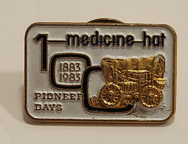 1883 to 1983 Medicine Hat 100th Anniversary Pioneer Days Gold Chuck Wagon Enamel Metal Lapel Pin