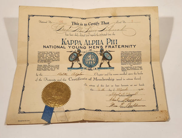 1930 Kappa Alpha Phi National Young Men's Fraternity Delta Alpha Chapter Big Rapids Michigan Certificate of Membership