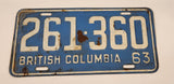 1963 Beautiful British Columbia Light Blue with White Letters Vehicle License Plate Tag 261 360