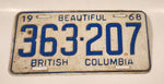 1968 Beautiful British Columbia White with Blue Letters Vehicle License Plate 363 207