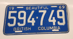 1969 Beautiful British Columbia Light Blue with White Letters Vehicle License Plate Tag 594 749