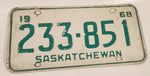 Vintage 1968 Saskatchewan Green Lettering White Vehicle License Plate Metal Tag 233 851