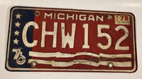 1976 Michigan Bicentennial Red White and Blue American Vehicle License Plate Tag CHW152